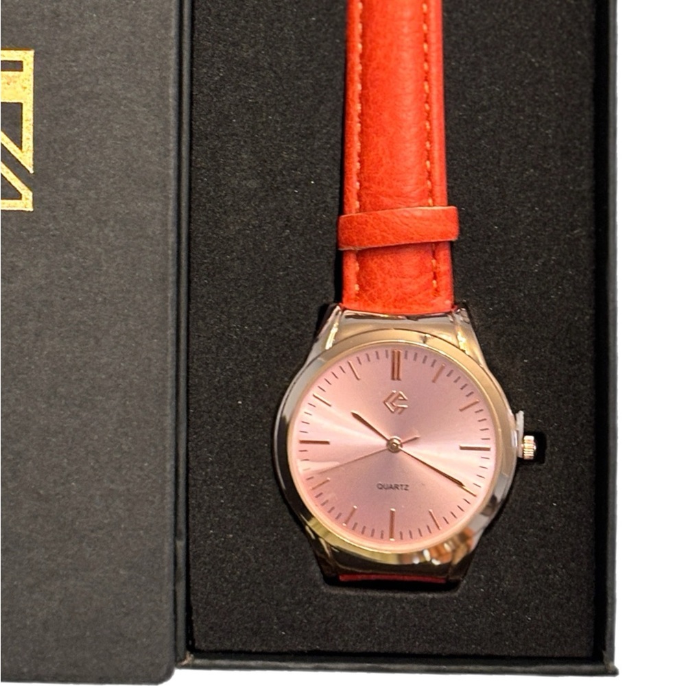 Rose Gold Dial Watch with Bright Red Orange Leather Strap - Picture 2 of 6